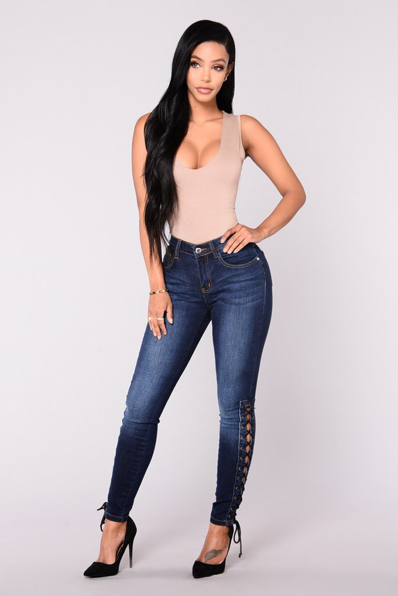 SZ60122 Womens High Waist Skinny Stretch Denim Ankle Lace Up Jean